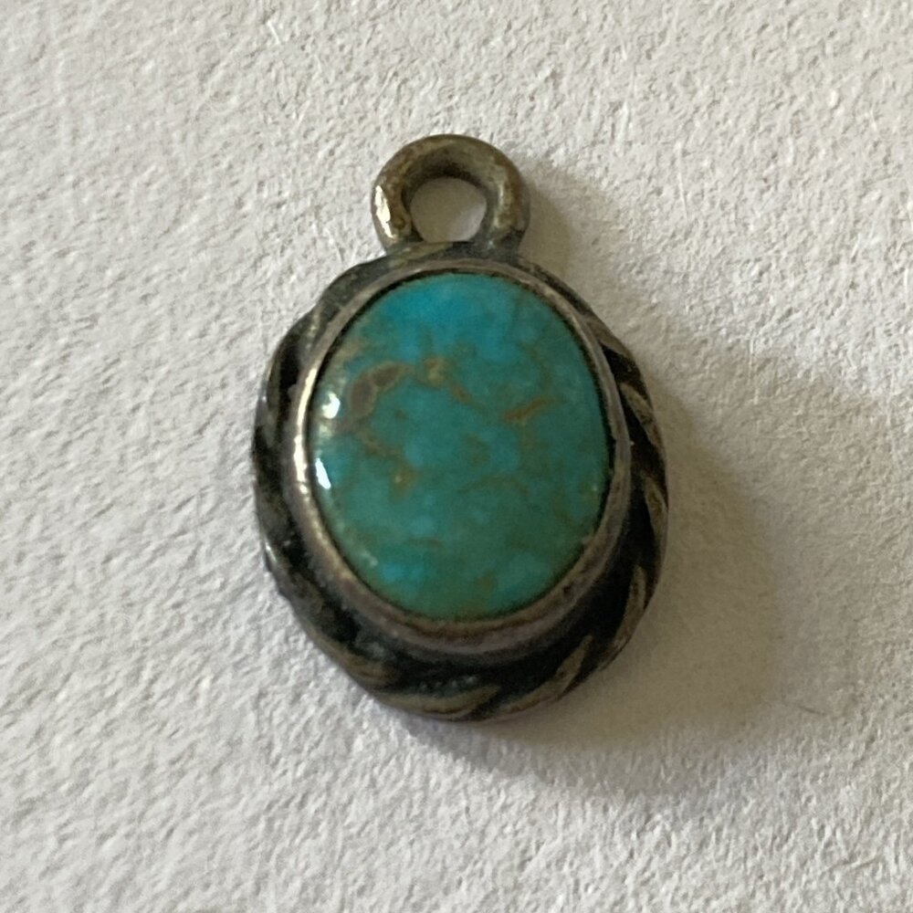 Vintage Sterling Silver Blue Turquoise Pendant Old Piece Marked Heavy Patina